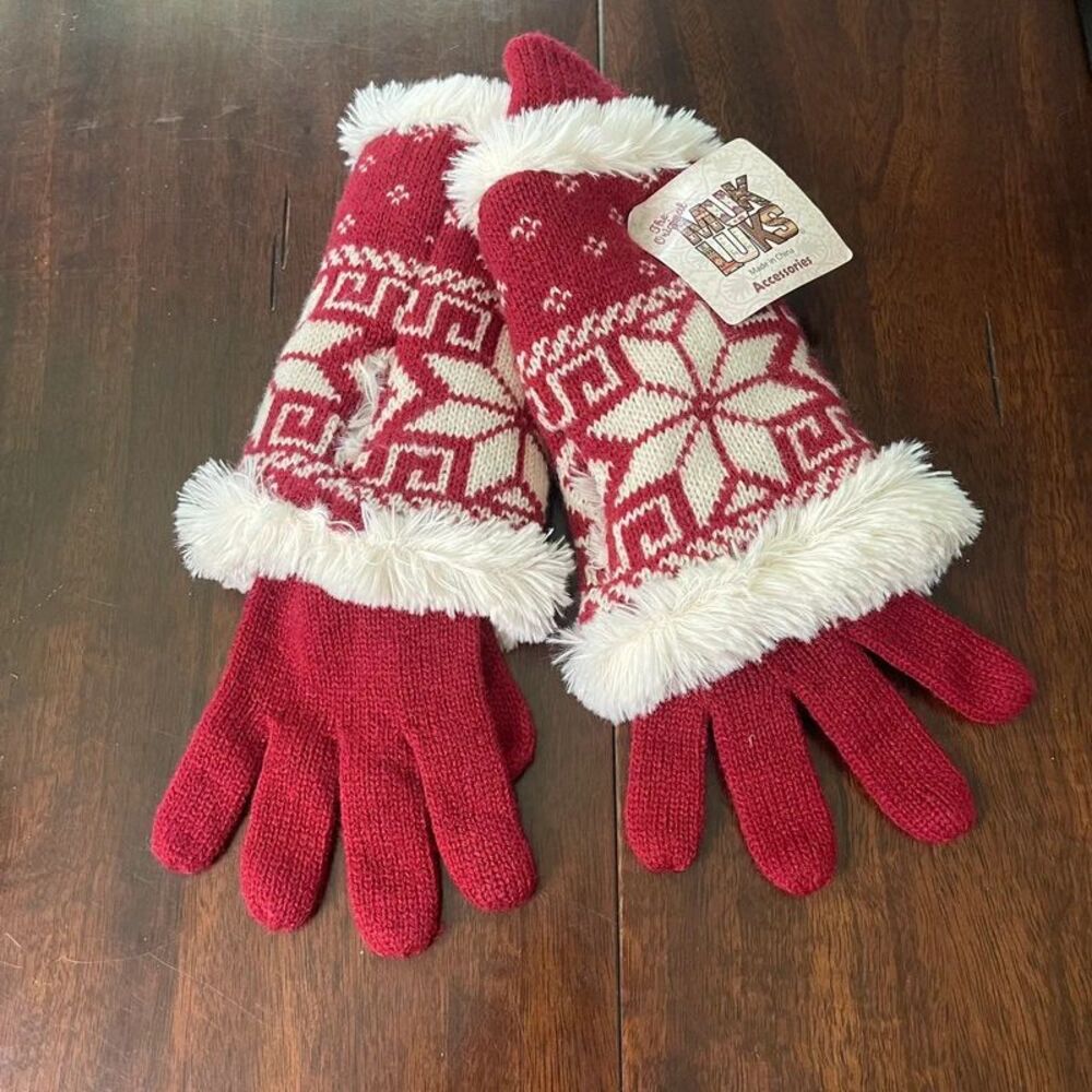 Muk Luks Women Red Cream Knit Snowflake Design Faux Fur Trim Winter Gloves NEW